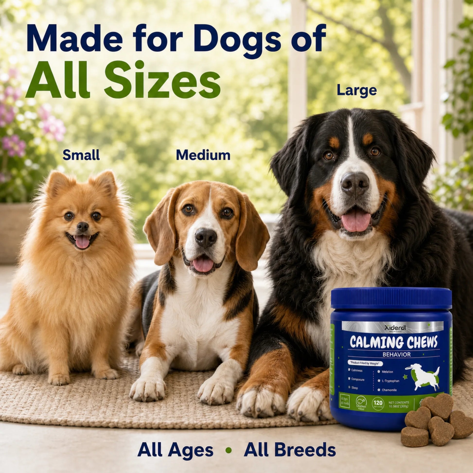 Small, medium and large dogs with Xiderdl Calming Chews formulated for all ages and breeds