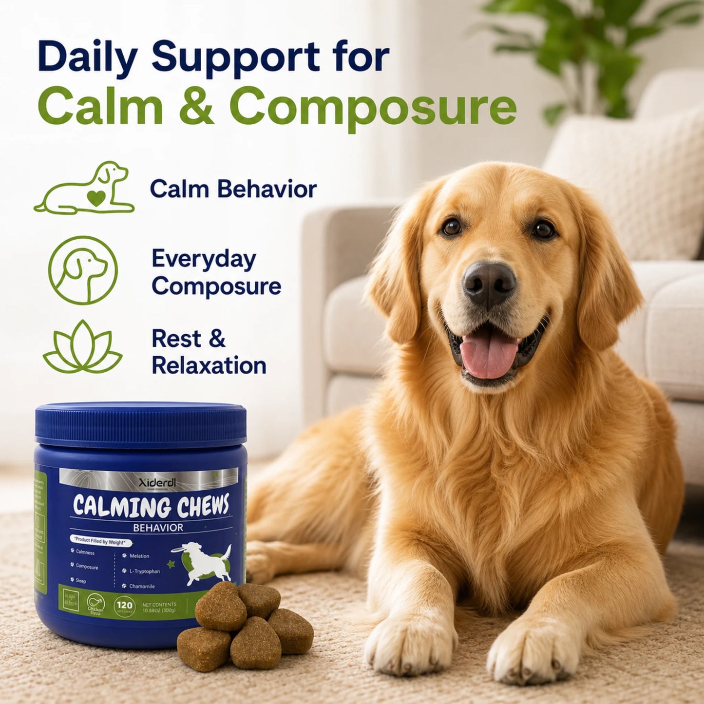 Golden Retriever beside Xiderdl Calming Chews for daily calm, composure, rest and relaxation support