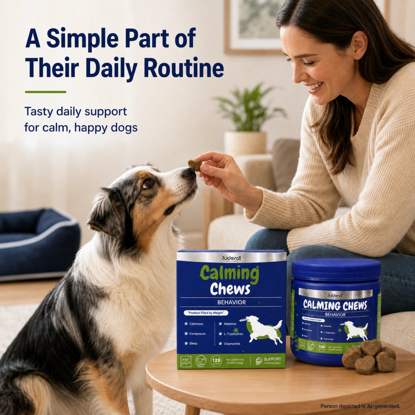Pet owner giving a Xiderdl Calming Chew to her dog as part of its daily routine