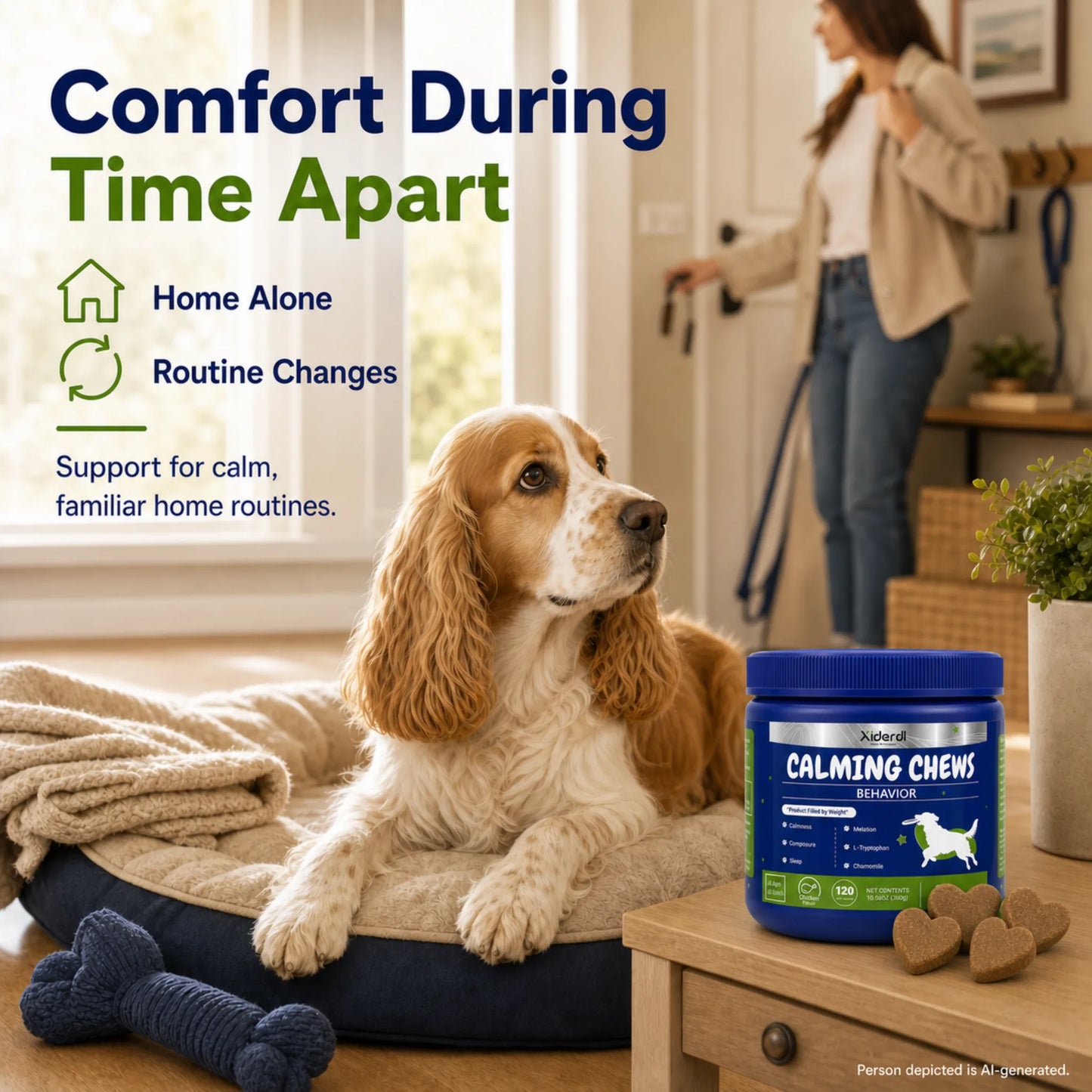 Dog at home with Xiderdl Calming Chews for support during time apart and routine changes
