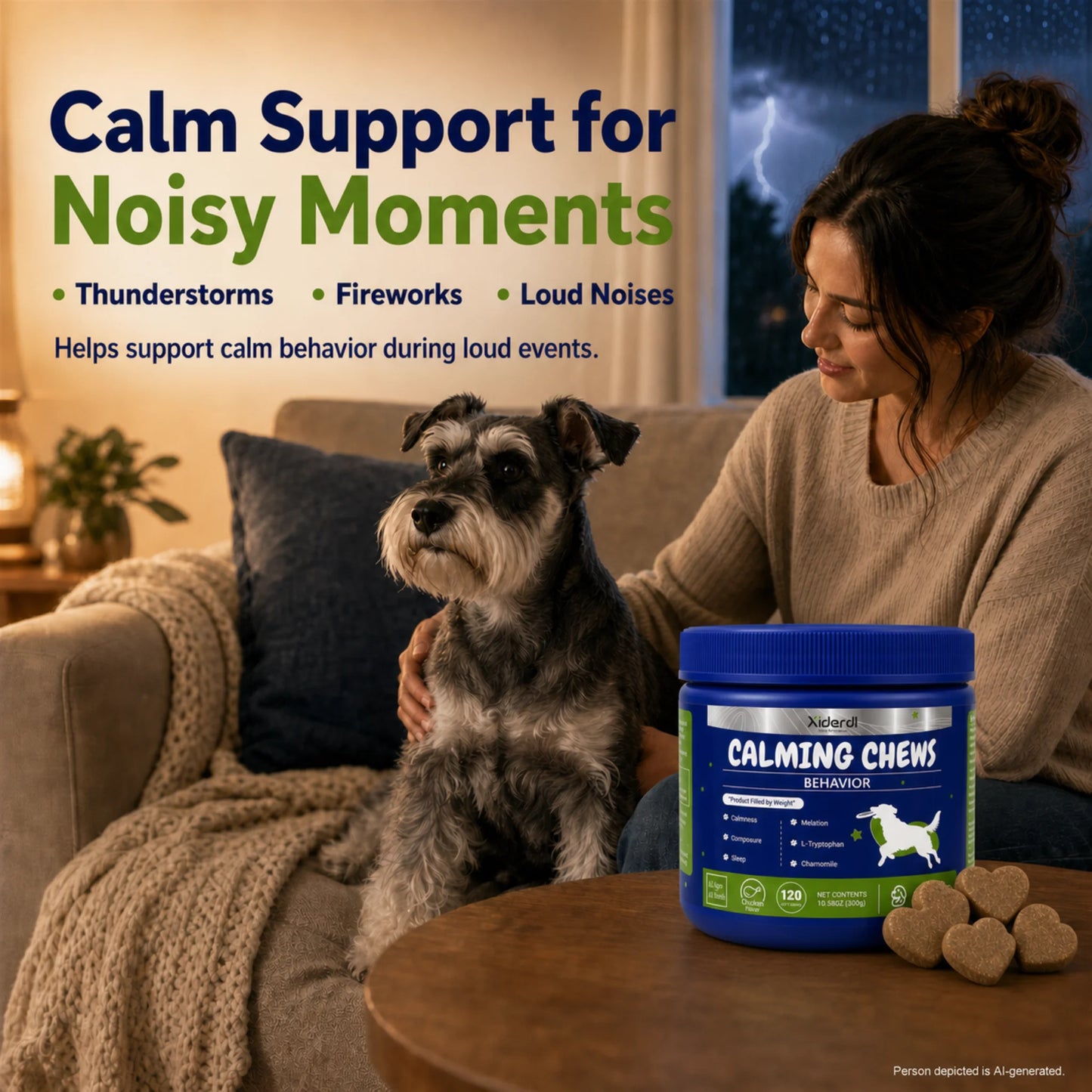 Xiderdl Calming Chews supporting calm behavior during thunderstorms, fireworks and other loud noises