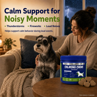 Xiderdl Calming Chews supporting calm behavior during thunderstorms, fireworks and other loud noises