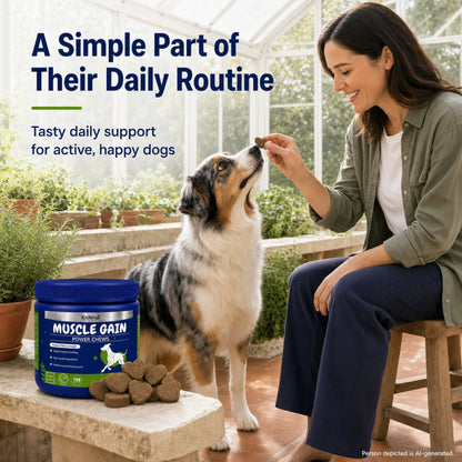Pet owner giving her dog a Xiderdl Muscle Gain Power Chew as part of its daily routine