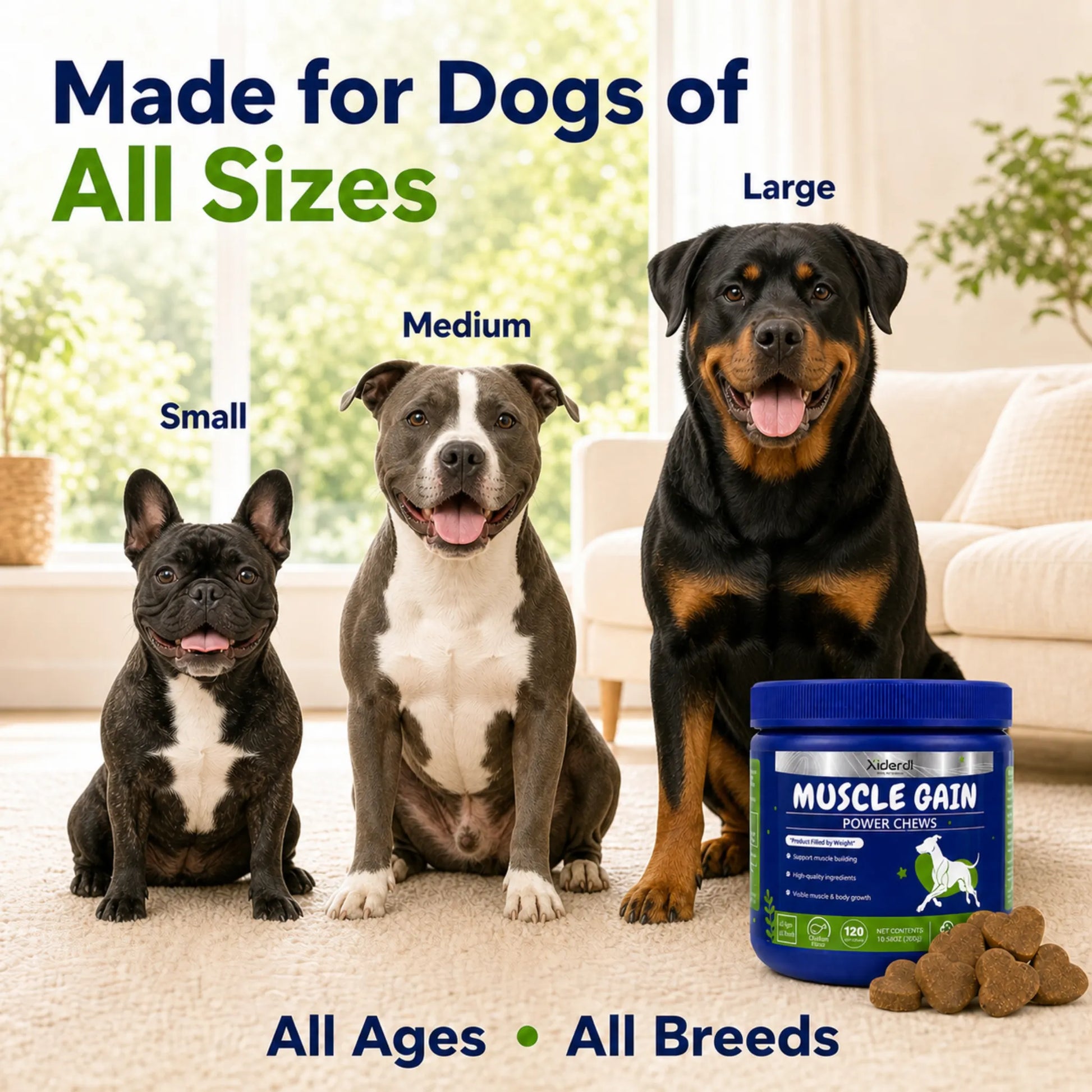 Small, medium and large dogs with Xiderdl Muscle Gain Power Chews for all ages and breeds