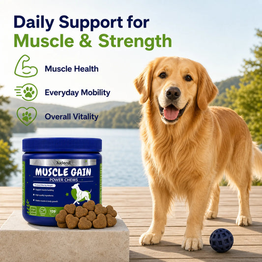 Active Golden Retriever outdoors with Xiderdl Muscle Gain Power Chews for daily strength and mobility support