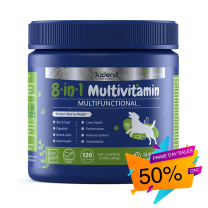 Xiderdl 8-in-1 Multivitamin Chews for Dogs product bottle for daily wellness support, including skin and coat, digestion, bone and joint, heart health, and immune support.