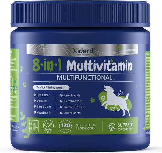 Xiderdl 8-in-1 Multivitamin Chews for Dogs product bottle for daily wellness support, including skin and coat, digestion, bone and joint, heart health, and immune support.