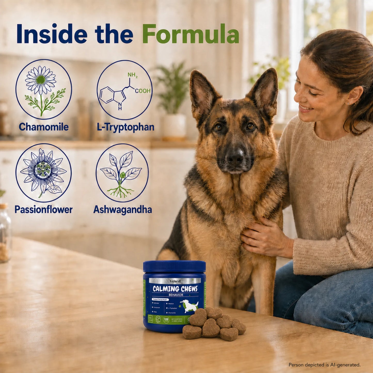 Xiderdl Calming Chews formula featuring chamomile, L-tryptophan, passionflower and ashwagandha