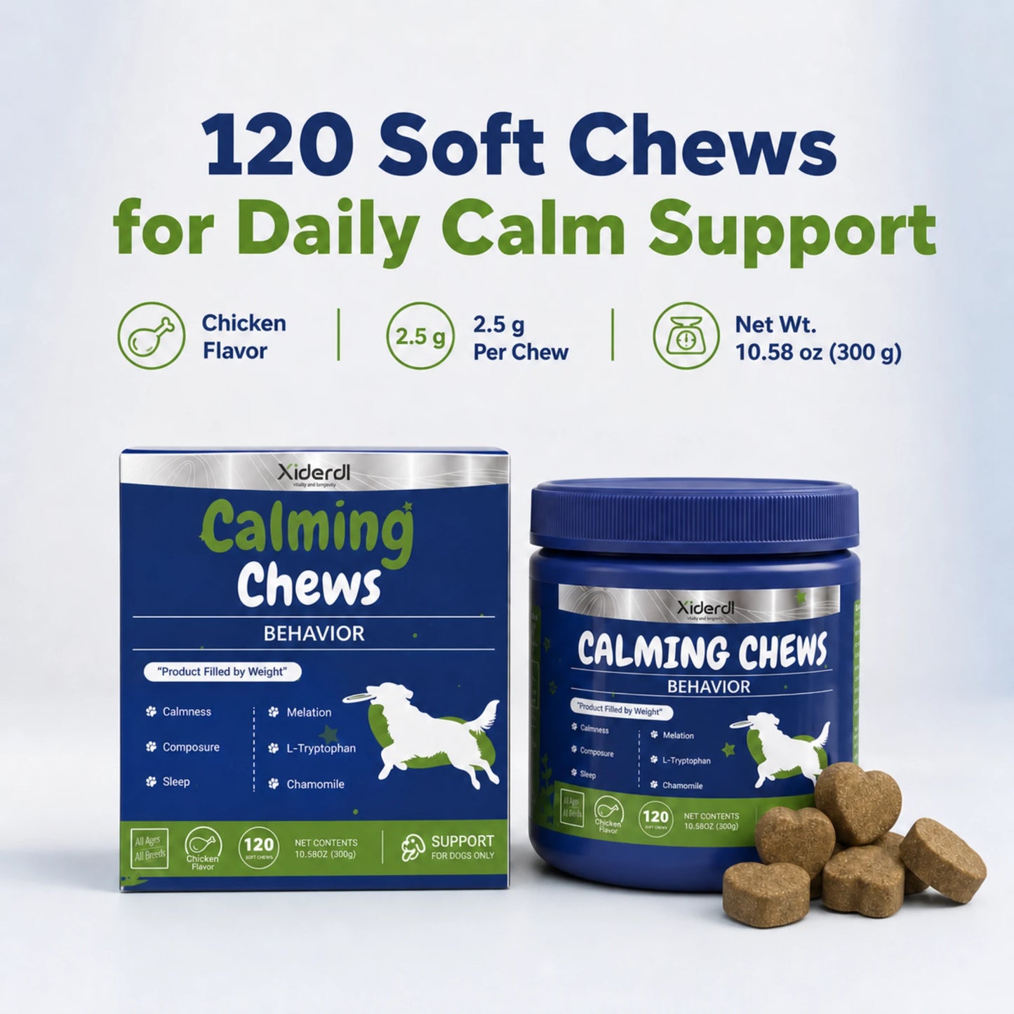 Xiderdl dog calming supplement with 120 chicken-flavored soft chews in box and jar packaging