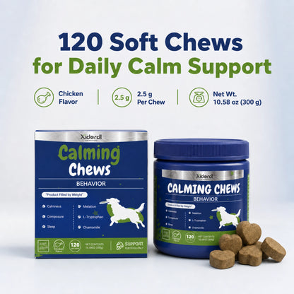 Xiderdl dog calming supplement with 120 chicken-flavored soft chews in box and jar packaging