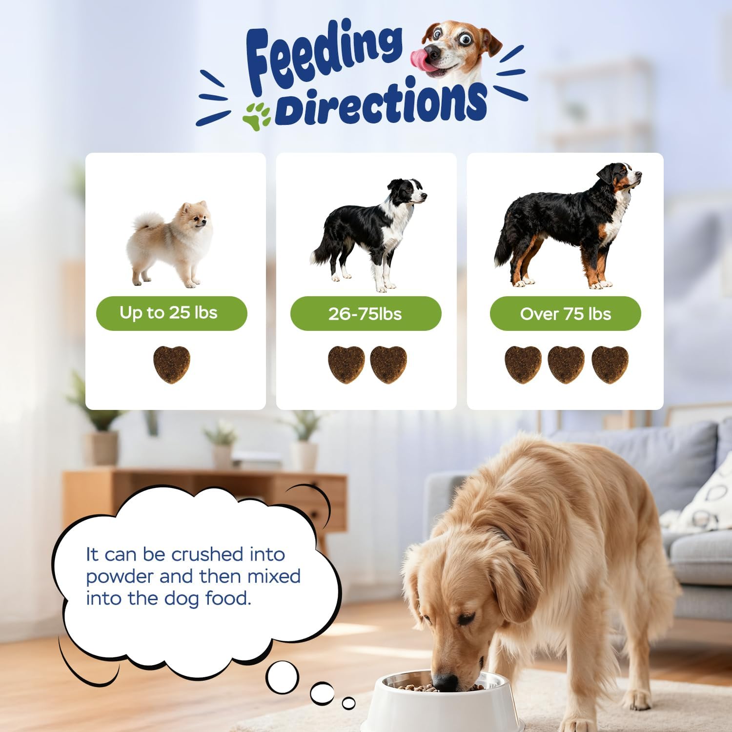 Xiderdl Hip & Joint Chews for Dogs feeding directions image showing weight-based serving amounts for small, medium, and large dogs, with a dog eating from a bowl.