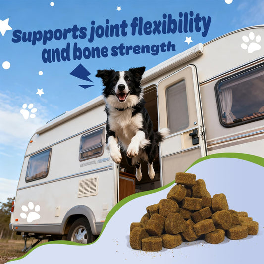 Border collie jumping from a camper with dog chews displayed, highlighting Xiderdl Hip & Joint Chews for joint flexibility and bone strength support.