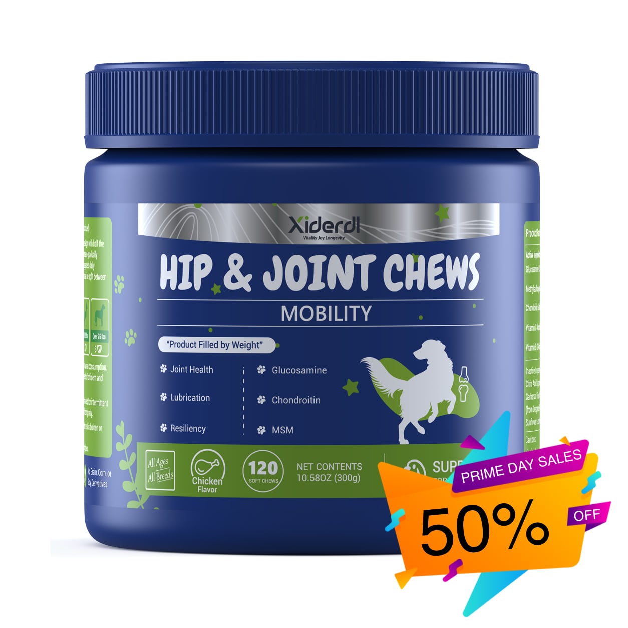 Xiderdl Hip & Joint Chews for Dogs product bottle for mobility support, featuring glucosamine, chondroitin, and MSM.