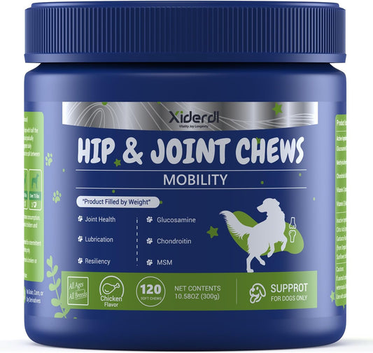 Xiderdl Hip & Joint Chews for Dogs product bottle for mobility support, featuring glucosamine, chondroitin, and MSM.