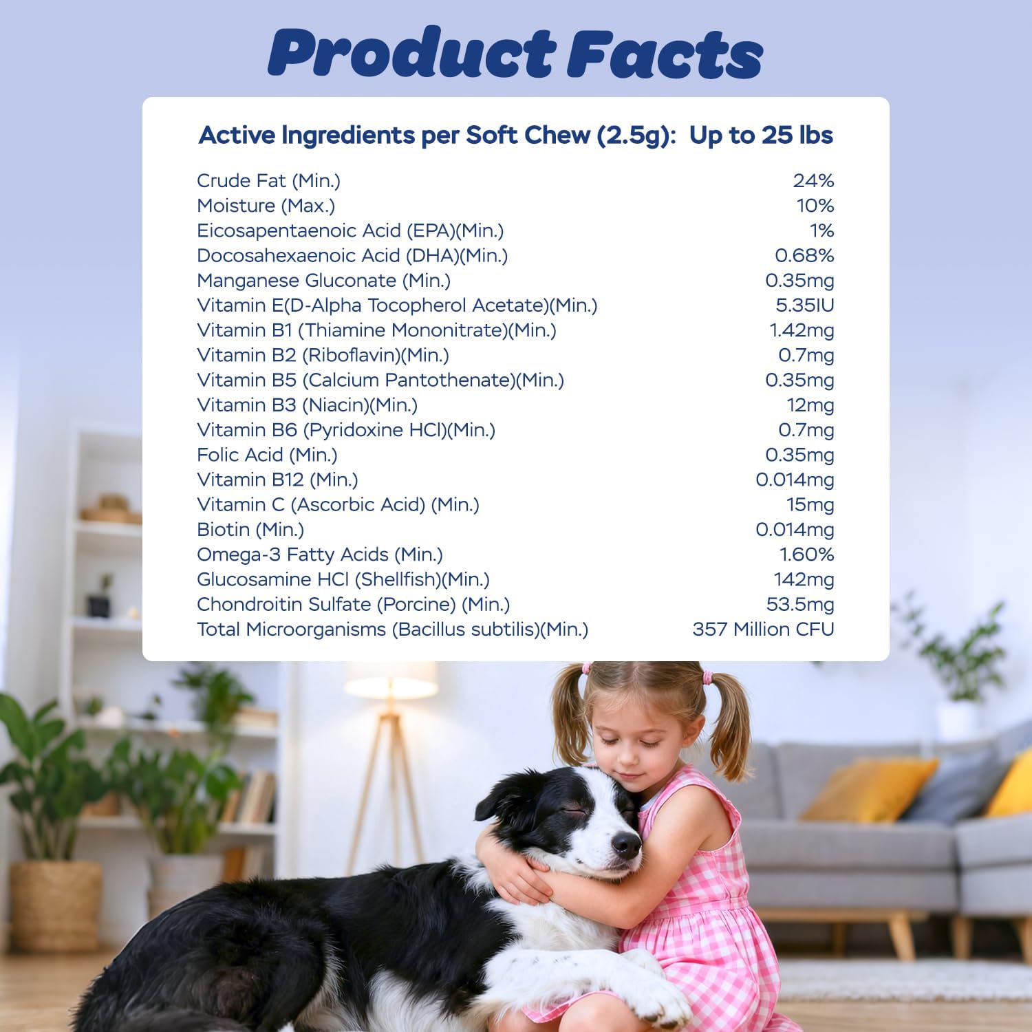 Xiderdl 8-in-1 Multivitamin Chews for Dogs product facts image showing active ingredients for dogs up to 25 lbs with a child hugging a dog at home.