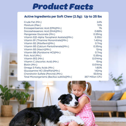Xiderdl 8-in-1 Multivitamin Chews for Dogs product facts image showing active ingredients for dogs up to 25 lbs with a child hugging a dog at home.