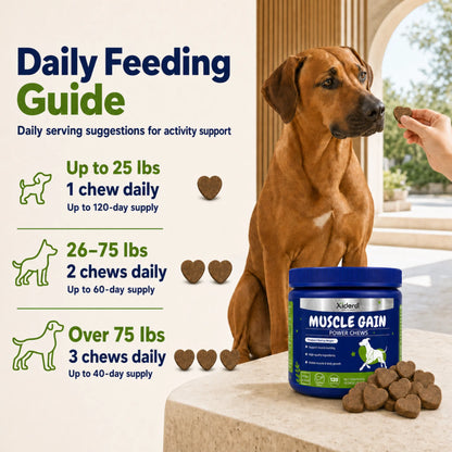 Daily feeding guide for Xiderdl Muscle Gain Power Chews based on a dog’s weight