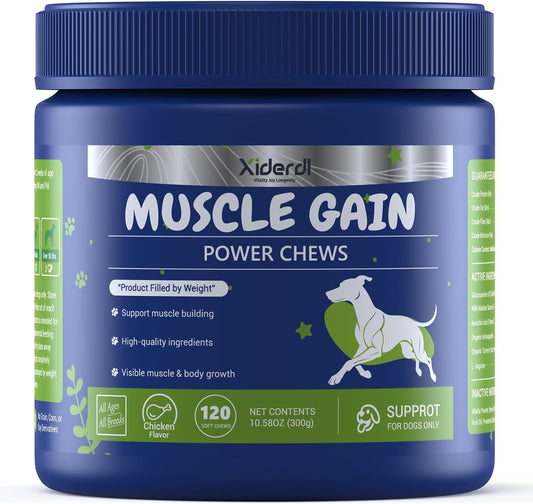 Xiderdl Muscle Gain Power Chews for Dogs product bottle for lean muscle support, body strength, and daily wellness.