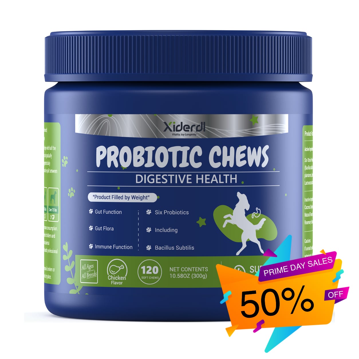 Xiderdl Probiotic Chews for Dogs product bottle for digestive health support, gut flora balance, and immune function.