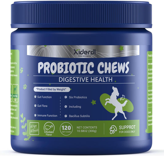 Xiderdl Probiotic Chews for Dogs product bottle for digestive health support, gut flora balance, and immune function.